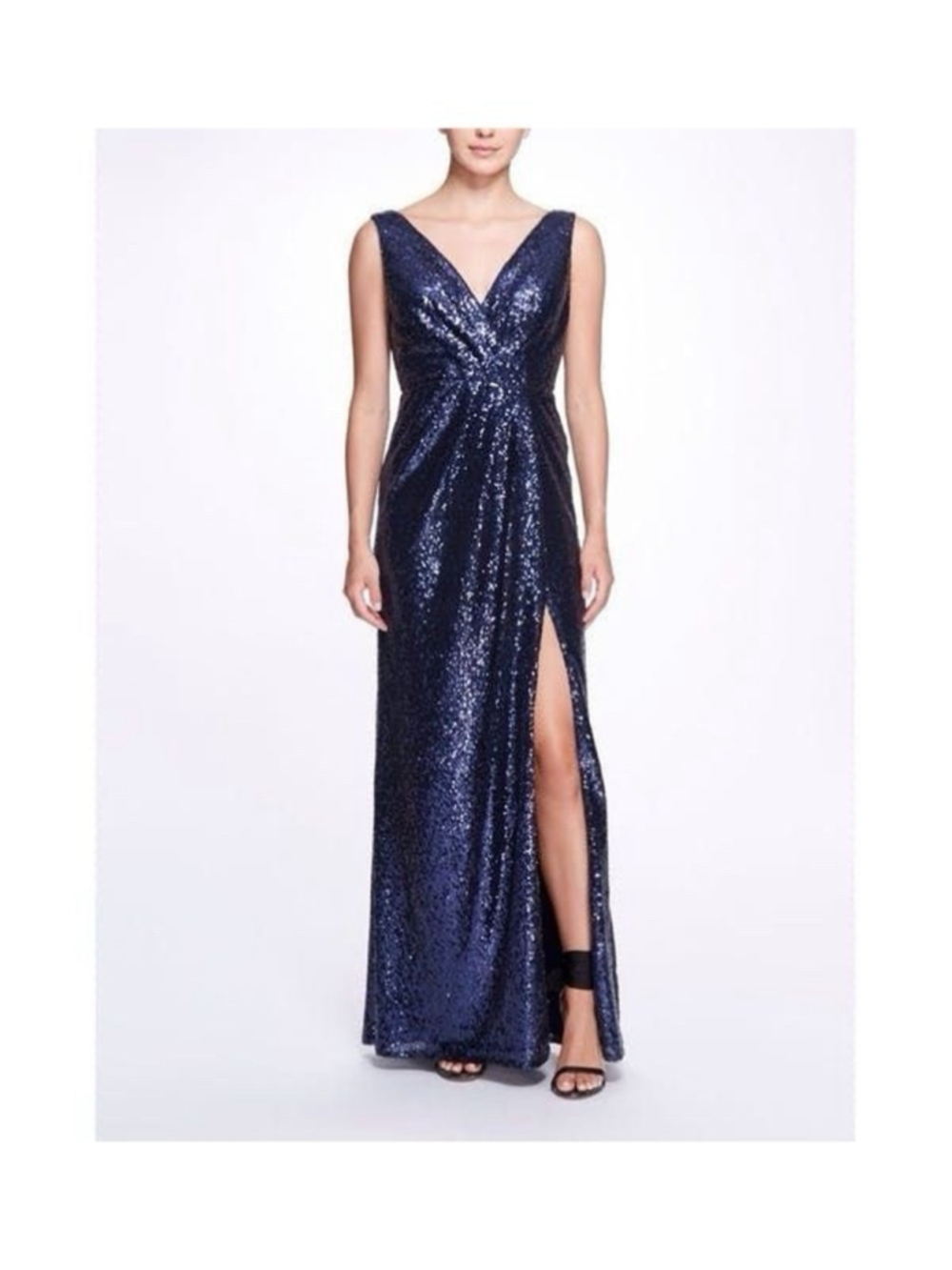 Marchesa Notte Atrani Midnight Navy Sequin Gown Dress Front Slit Formal US 8